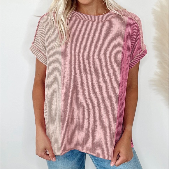 Pink Textured Colorblock Crew Neck T Shirt - Picture 2 of 4